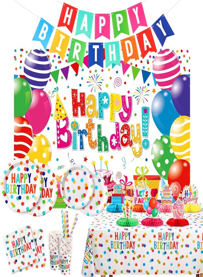 gobutend Happy Birthday Decorations- 170pcs Birthday Party Supplies Kit with Colorful Honeycomb Centerpieces for Tables, Banner, Backdrop Cloth, Disposable Tableware Kit for Boys Girls, Serves 20 - Image 1